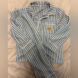 BearPaw Blue and Cream Striped Kids Pajama Set